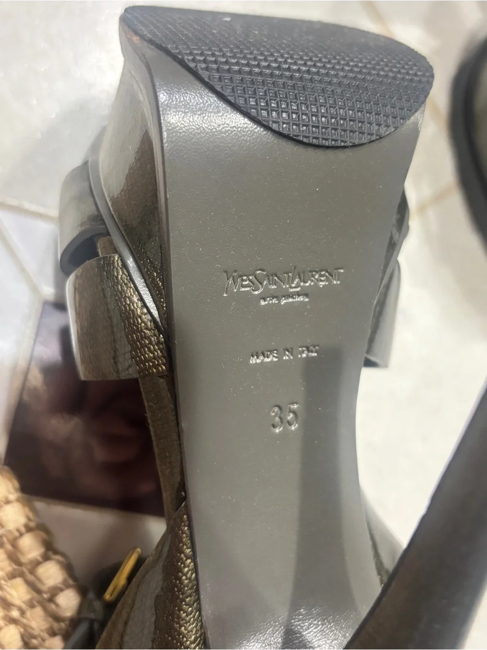 Yves Saint Laurent Metallic Black Strappy Knot Heels